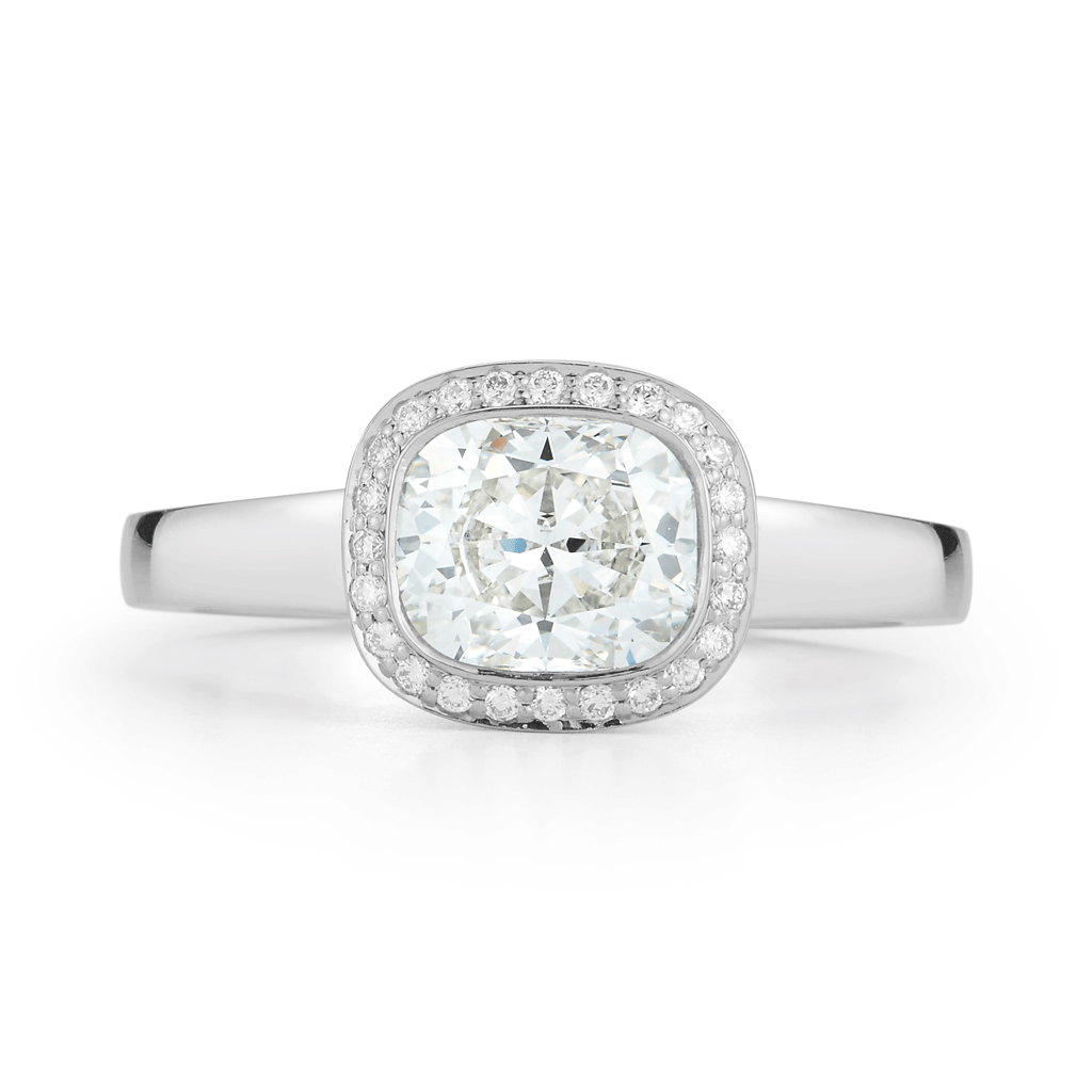 Shop the Unique Cushion Diamond Halo Engagement Ring in Platinum Online